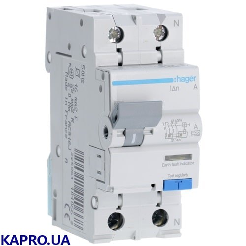 Диференційний автоматичний вимикач 2-полюса Hager AC966J 16/0,01А
