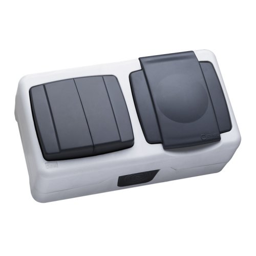 Выключатель двухклавишный +Розетка с крышкой серая IP44 Makel 37064203