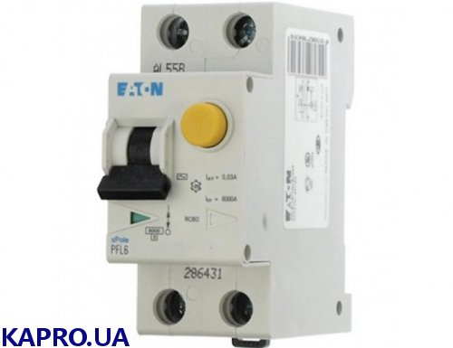 Дифференциальный автоматический выключатель 2-полюса PFL6 C 25/0,03А Eaton 286469