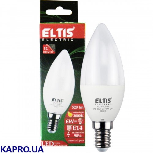 Лампа светодиодная 6W C37 3000K E14 520Lm 175-250V ELTIS EL-37106-W