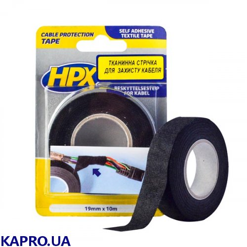 Самоклеющаяся текстильная лента HPX TP1910 для жгутирования и защиты кабелей 19мм х 10м черная