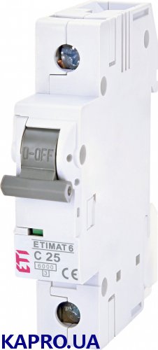 Автоматичний вимикач ETIMAT 6 6A 1P характеристика C 6kA ETI артикул 002141518, однополюсний автомат