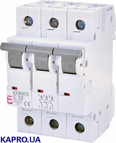 Автоматичний вимикач ETIMAT 6 32A 3P характеристика C 6kA ETI артикул 002145519, 3-полюсний автомат