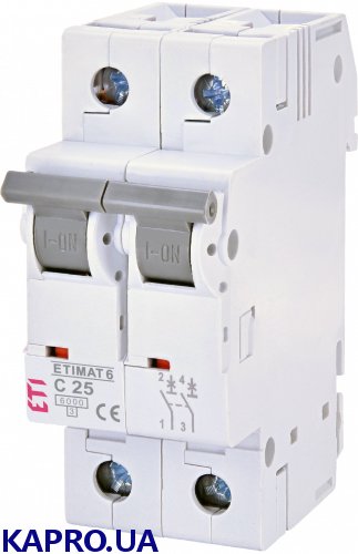 Автоматичний вимикач ETIMAT 6 25A 2P характеристика C 6kA ETI артикул 002143518, двополюсний автомат