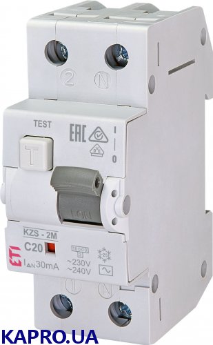 Диференційний автоматичний вимикач, дифавтомат двополюсний KZS-2M AC C20/0.03 ETI артикул 2173125 ETITEC