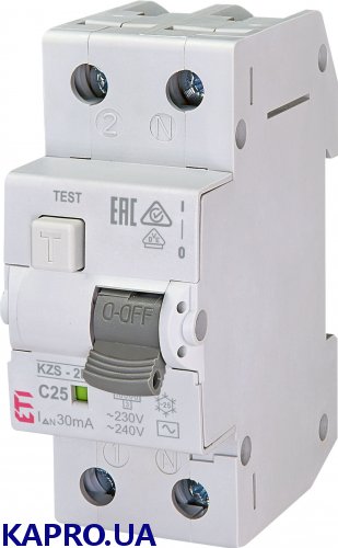 Диференційний автоматичний вимикач 2-полюса KZS-2M AC C25/0.03 ETI 2173126