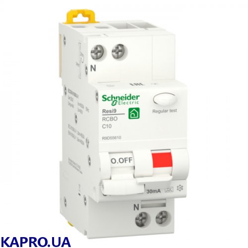 Дифференциальный автоматический выключатель RESI9 1P+N 10А 30мА C A 6кА 230В Schneider R9D55610