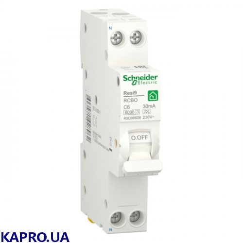 Диференційний автоматичний вимикач RESI9 1M 1P+N 6А 30мА C A 6кА 230В Schneider R9D88606