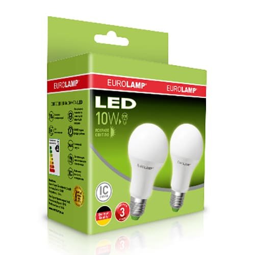 Лампа світлодіодна LED ЕКО A60 10W E27 3000K акция 1+1 EUROLAMP MLP-LED-A60-10272(E)