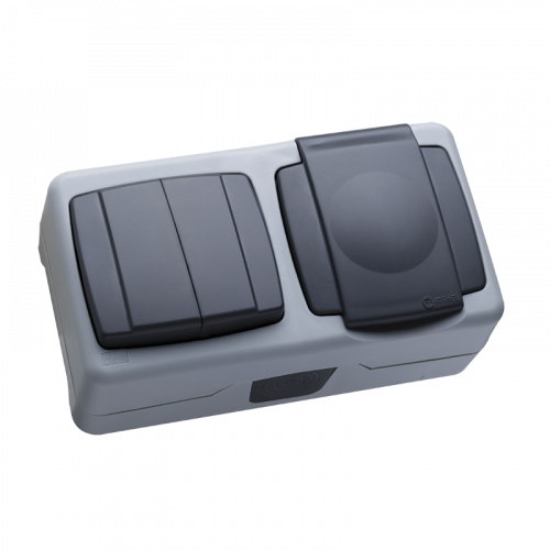 Розетка з кришкою + Вимикач 2 клавішний сірий IP55 PLUS Makel 36064203  Розетка з кришкою + Вимикач 2 клавішний сірий IP55 PLUS Makel 36064203